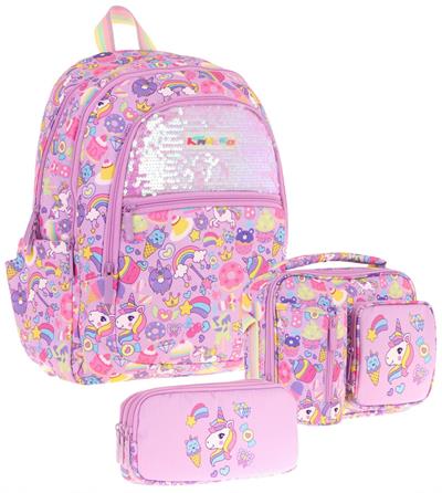 Kaukko Kids Kız Çocuk - Lila Pullu Sweet Desenli - Okul Çanta Seti (Sırt Çantası+Beslenme Çantası+Kalemlik)
