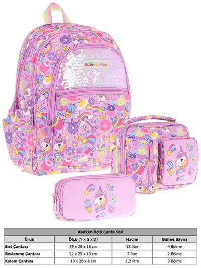 Kaukko Kids Kız Çocuk - Lila Pullu Sweet Desenli - Okul Çanta Seti (Sırt Çantası+Beslenme Çantası+Kalemlik)