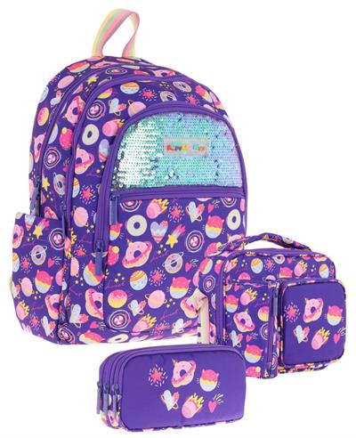 Kaukko Kids Kız Çocuk - Mor Pullu Şekerleme Desenli - Okul Çanta Seti (Sırt Çantası+Beslenme Çantası+Kalemlik)