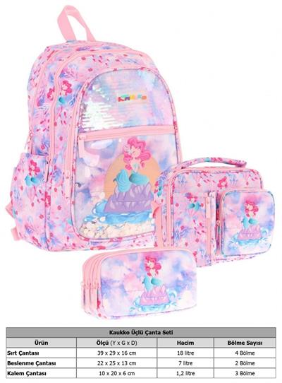 Kaukko Kids Kız Çocuk - Pembe Mavi Pullu Denizkızı Desenli - Okul Çanta Seti (Sırt Çantası+Beslenme Çantası+Kalemlik)