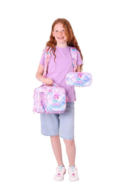 Kaukko Kids Kız Çocuk - Pembe Mavi Pullu Denizkızı Desenli - Okul Çanta Seti (Sırt Çantası+Beslenme Çantası+Kalemlik)