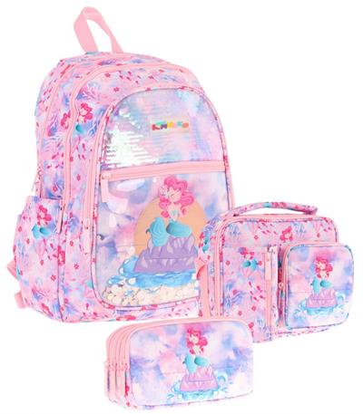Kaukko Kids Kız Çocuk - Pembe Mavi Pullu Denizkızı Desenli - Okul Çanta Seti (Sırt Çantası+Beslenme Çantası+Kalemlik)