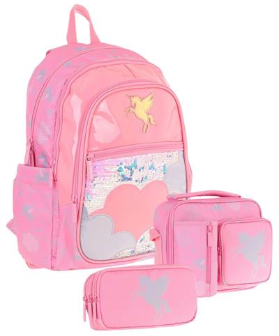 Kaukko Kids Kız Çocuk - Pembe Pullu Bulut Desenli - Okul Çanta Seti (Sırt Çantası+Beslenme Çantası+Kalemlik)