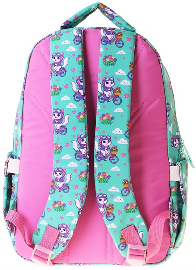 Kaukko Kids Kız Çocuk Bisikletli Kedi Baskılı (Cat Bike) Altı Bölmeli İlkokul Sırt Çantası - L5328