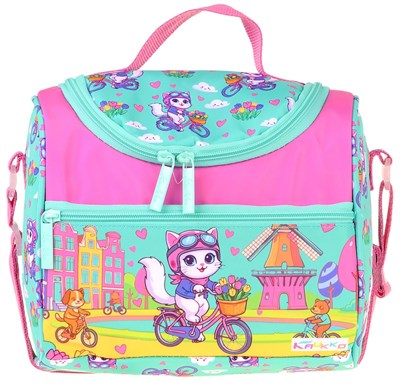 Kaukko Kids Kız Çocuk Bisikletli Kedi Baskılı Isı Yalıtımlı Okul Beslenme Çantası (Yeşil - Pembe) - L5329