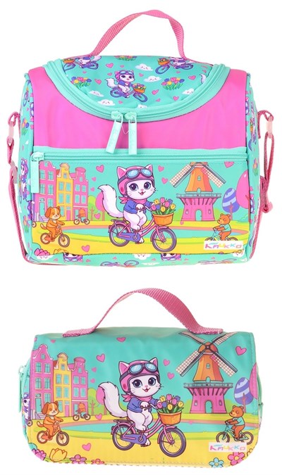 Kaukko Kids Kız Çocuk Bisikletli Kedi Baskılı Yeşil - Pembe Thermo Beslenme Çantası ve Kalemlik Seti - SETKK-L5329