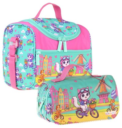 Kaukko Kids Kız Çocuk Bisikletli Kedi Baskılı Yeşil - Pembe Thermo Beslenme Çantası ve Kalemlik Seti - SETKK-L5329