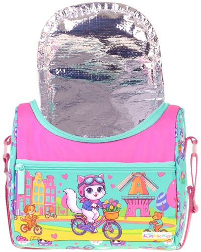 Kaukko Kids Kız Çocuk Bisikletli Kedi Baskılı Isı Yalıtımlı Okul Beslenme Çantası (Yeşil - Pembe) - L5329