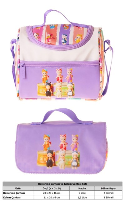 Kaukko Kids Kız Çocuk Cat Life Baskılı Mor - Krem Thermo Beslenme Çantası ve Kalemlik Seti - SETKK-L5314