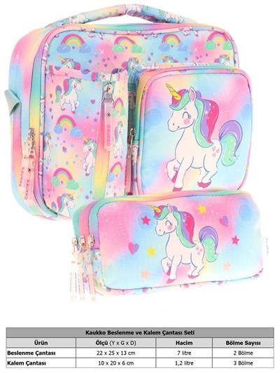 Kaukko Kids Kız Çocuk Çok Renkli Unicorn Baskılı Üç Bölmeli Thermo Beslenme Çantası ve Kalemlik Seti (L7243+L8243)
