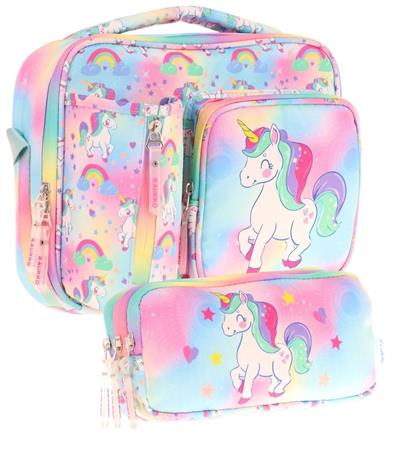 Kaukko Kids Kız Çocuk Çok Renkli Unicorn Baskılı Üç Bölmeli Thermo Beslenme Çantası ve Kalemlik Seti (L7243+L8243)