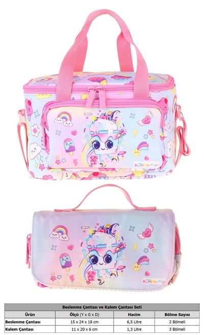 Kaukko Kids Kız Çocuk Dondurma Desenli Pembe Thermo Beslenme Çantası ve Kalemlik Seti - SETKK-L5284