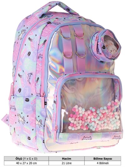 Kaukko Kids Kız Çocuk Dream Baskılı Çok Renkli Peluş Aksesuarlı İlkokul Okul Sırt Çantası - L5343