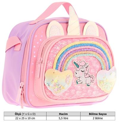 Kaukko Kids Kız Çocuk Isı Yalıtımlı İki Bölmeli Beslenme Çantası (Simli Unicorn Desenli) L7212