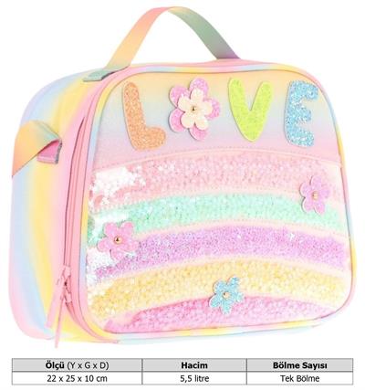 Kaukko Kids Kız Çocuk Isı Yalıtımlı Okul/Piknik Beslenme Çantası (Simli Pullu Love) L7214