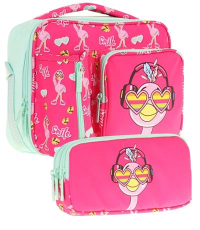 Kaukko Kids Kız Çocuk Kırmızı Yeşil Flamingo Desenli Üç Bölmeli Thermo Beslenme Çantası ve Kalemlik Seti (L7235+L8235)