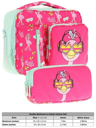 Kaukko Kids Kız Çocuk Kırmızı Yeşil Flamingo Desenli Üç Bölmeli Thermo Beslenme Çantası ve Kalemlik Seti (L7235+L8235)