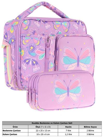Kaukko Kids Kız Çocuk Lila Kelebek Desenli Üç Bölmeli Thermo Beslenme Çantası ve Kalemlik Seti (L7222+L8222)