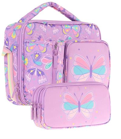 Kaukko Kids Kız Çocuk Lila Kelebek Desenli Üç Bölmeli Thermo Beslenme Çantası ve Kalemlik Seti (L7222+L8222)