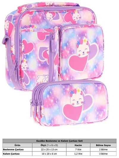 Kaukko Kids Kız Çocuk Lila Pembe Kalpli Kedi Baskılı Üç Bölmeli Thermo Beslenme Çantası ve Kalemlik Seti (L7219+L8219)