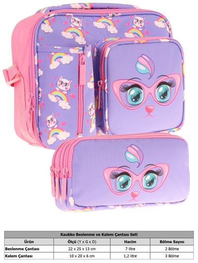 Kaukko Kids Kız Çocuk Lila Pembe Kedi Baskılı Üç Bölmeli Thermo Beslenme Çantası ve Kalemlik Seti (L7236+L8236)