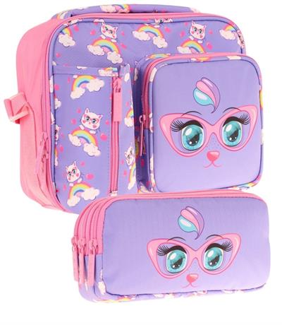 Kaukko Kids Kız Çocuk Lila Pembe Kedi Baskılı Üç Bölmeli Thermo Beslenme Çantası ve Kalemlik Seti (L7236+L8236)