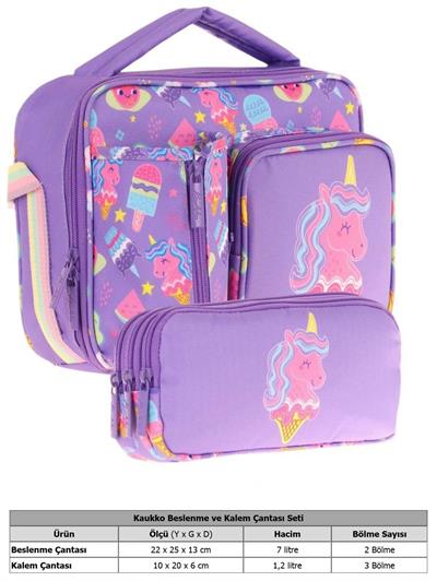 Kaukko Kids Kız Çocuk Lila Pembe Unicorn Desenli Üç Bölmeli Thermo Beslenme Çantası ve Kalemlik Seti (L7224+L8224)