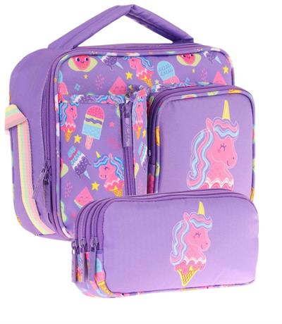 Kaukko Kids Kız Çocuk Lila Pembe Unicorn Desenli Üç Bölmeli Thermo Beslenme Çantası ve Kalemlik Seti (L7224+L8224)