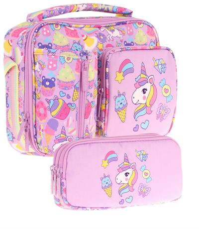 Kaukko Kids Kız Çocuk Lila Unicorn Üç Bölmeli Thermo Beslenme Çantası ve Kalemlik Seti (L7215+L8215)