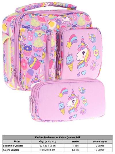 Kaukko Kids Kız Çocuk Lila Unicorn Üç Bölmeli Thermo Beslenme Çantası ve Kalemlik Seti (L7215+L8215)
