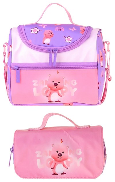 Kaukko Kids Kız Çocuk Loopy Baskılı Lila - Pembe Thermo Beslenme Çantası ve Kalemlik Seti - SETKK-L5304