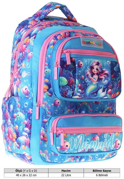 Kaukko Kids Kız Çocuk Mercan ve Denizkızı Baskılı (Coral) Altı Bölmeli İlkokul Sırt Çantası - L5323