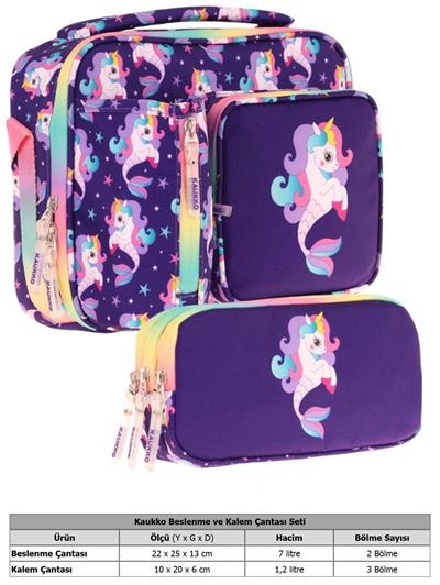 Kaukko Kids Kız Çocuk Mor Çok Renkli Unicorn ve Denizkızı Üç Bölmeli Thermo Beslenme Çantası ve Kalemlik Seti (L7228+L8228)