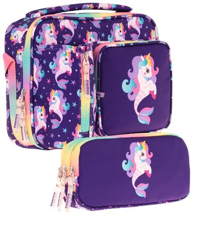 Kaukko Kids Kız Çocuk Mor Çok Renkli Unicorn ve Denizkızı Üç Bölmeli Thermo Beslenme Çantası ve Kalemlik Seti (L7228+L8228)