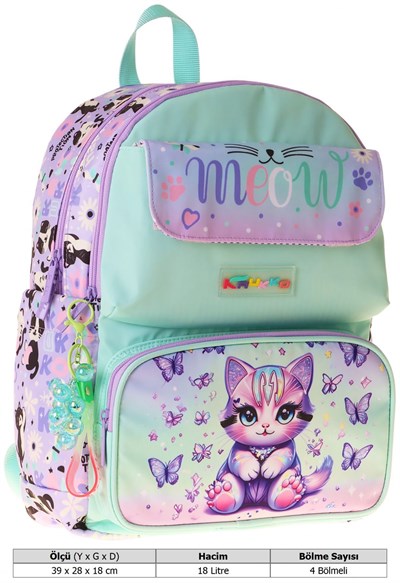 Kaukko Kids Kız Çocuk Mor Kedi Desenli Okul Çantası - Yeşil - Mor - Meow - L5288