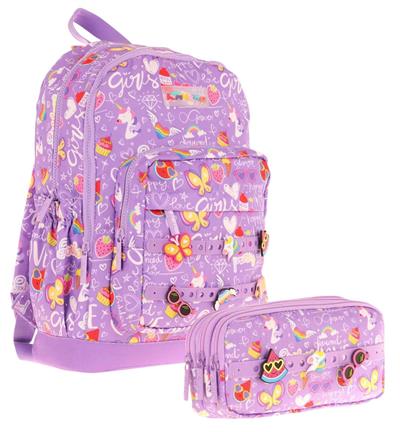 Kaukko Kids Kız Çocuk Mor Okul Çantası ve Üç Bölmeli Kalemlik Seti - Silikon Aksesuarlı