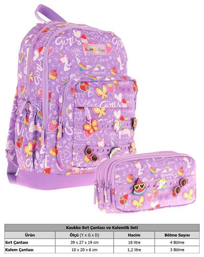 Kaukko Kids Kız Çocuk Mor Okul Çantası ve Üç Bölmeli Kalemlik Seti - Silikon Aksesuarlı