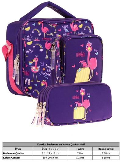 Kaukko Kids Kız Çocuk Mor Pembe Flamingo Baskılı Üç Bölmeli Thermo Beslenme Çantası ve Kalemlik Seti (L7223+L8223)