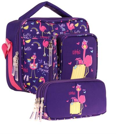 Kaukko Kids Kız Çocuk Mor Pembe Flamingo Baskılı Üç Bölmeli Thermo Beslenme Çantası ve Kalemlik Seti (L7223+L8223)