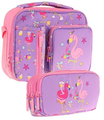 Kaukko Kids Kız Çocuk Mor Pembe Flamingo Baskılı Üç Bölmeli Thermo Beslenme Çantası ve Kalemlik Seti (L7240+L8240)