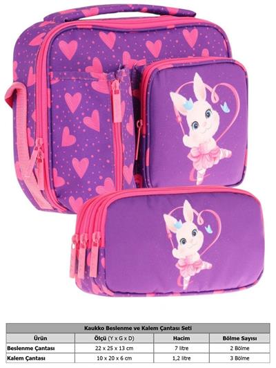 Kaukko Kids Kız Çocuk Mor Pembe Kalpli Tavşan Desenli Üç Bölmeli Thermo Beslenme Çantası ve Kalemlik Seti (L7246+L8246)