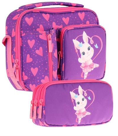 Kaukko Kids Kız Çocuk Mor Pembe Kalpli Tavşan Desenli Üç Bölmeli Thermo Beslenme Çantası ve Kalemlik Seti (L7246+L8246)