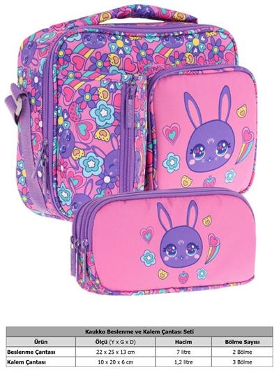 Kaukko Kids Kız Çocuk Mor Pembe Tavşan Baskılı Üç Bölmeli Thermo Beslenme Çantası ve Kalemlik Seti (L7220+L8220)