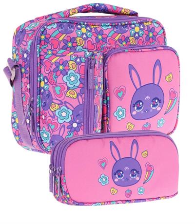Kaukko Kids Kız Çocuk Mor Pembe Tavşan Baskılı Üç Bölmeli Thermo Beslenme Çantası ve Kalemlik Seti (L7220+L8220)