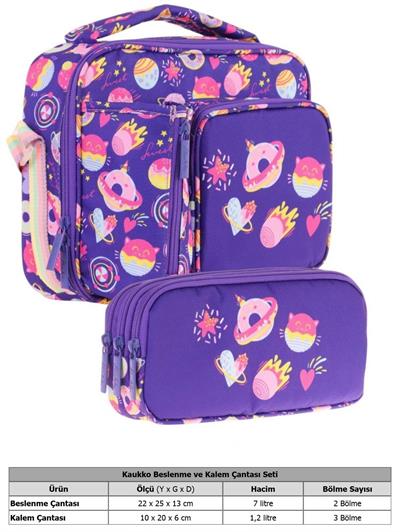 Kaukko Kids Kız Çocuk Mor Şekerlemeler Üç Bölmeli Thermo Beslenme Çantası ve Kalemlik Seti (L7216+L8216)