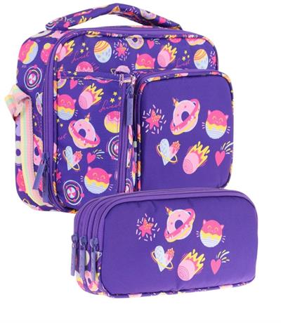 Kaukko Kids Kız Çocuk Mor Şekerlemeler Üç Bölmeli Thermo Beslenme Çantası ve Kalemlik Seti (L7216+L8216)