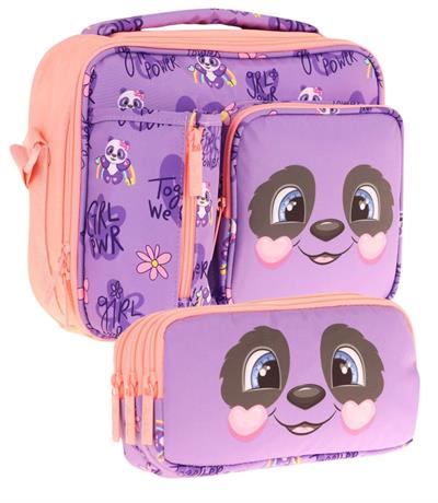 Kaukko Kids Kız Çocuk Mor Somon Panda Desenli Üç Bölmeli Thermo Beslenme Çantası ve Kalemlik Seti (L7233+L8233)