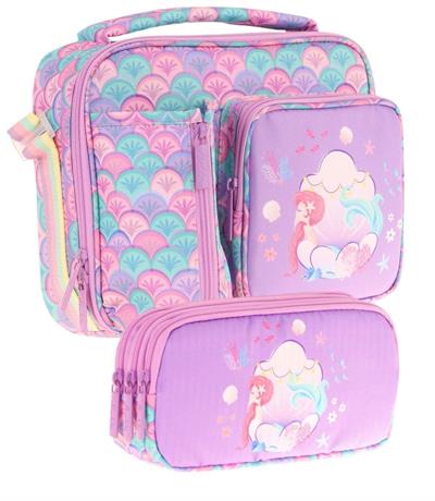 Kaukko Kids Kız Çocuk Mor Yeşil Denizkızı Üç Bölmeli Thermo Beslenme Çantası ve Kalemlik Seti (L7225+L8225)