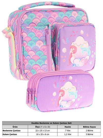 Kaukko Kids Kız Çocuk Mor Yeşil Denizkızı Üç Bölmeli Thermo Beslenme Çantası ve Kalemlik Seti (L7225+L8225)