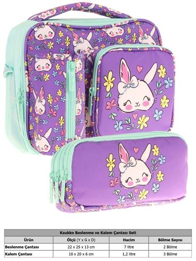 Kaukko Kids Kız Çocuk Mor Yeşil Tavşan Desenli Üç Bölmeli Thermo Beslenme Çantası ve Kalemlik Seti (L7242+L8242)
